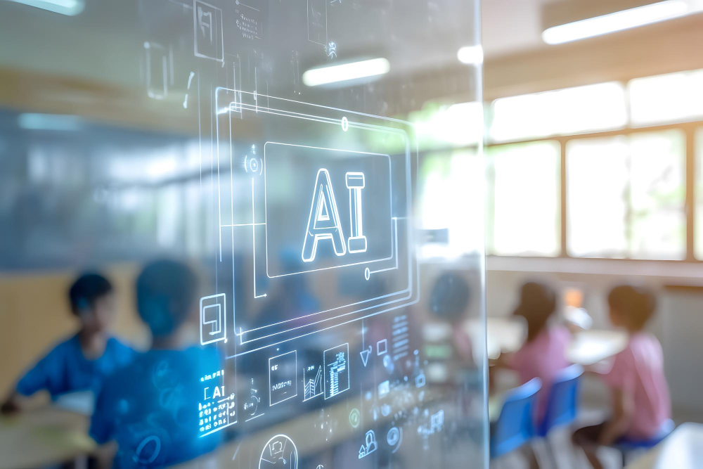 Children blurred in the classroom, AI displayed on a glass.