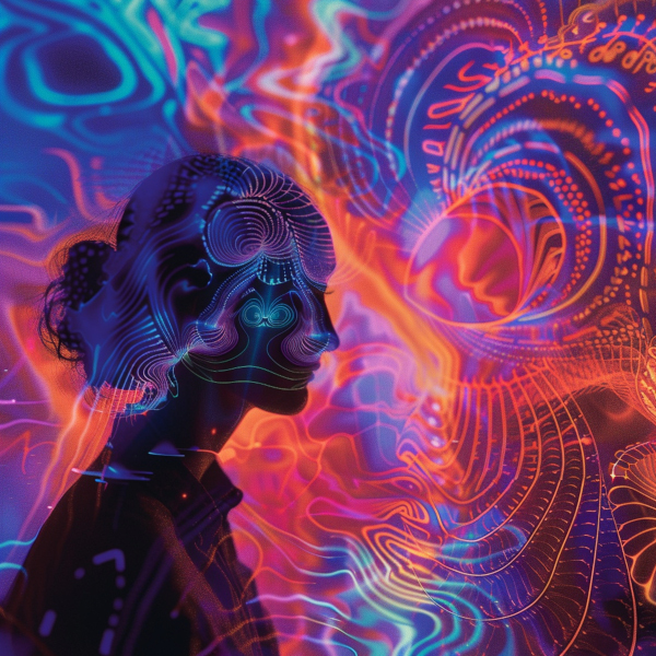 A psychedelic picture of a woman head and colourful waves around